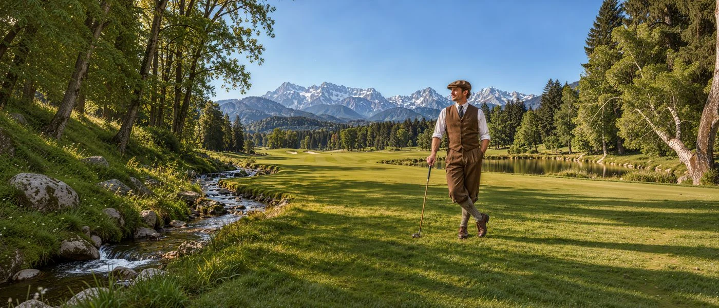 Golfplatz mit Fairway, Bach und Alpenpanorama, davor ein Golfer in Knickerbocker